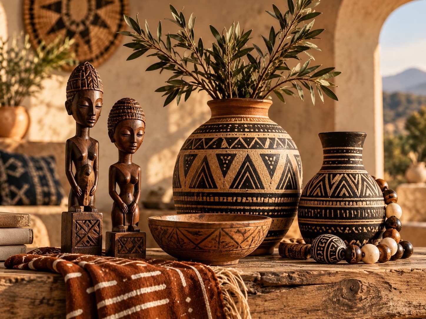 Carved wooden figures, patterned vases, a carved bowl, and beads on a rustic table