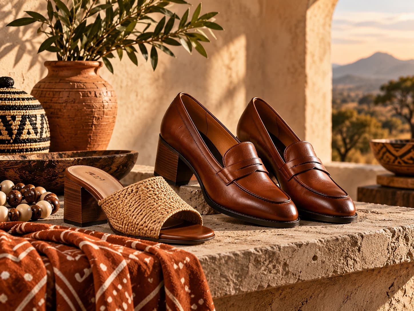 Cognac leather loafers and a woven mule styled with beads and carved bowls
