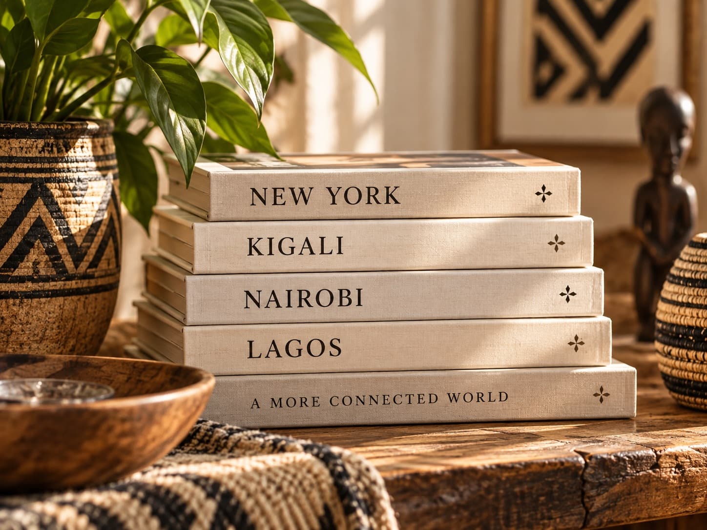 Stack of books titled New York, Kigali, Nairobi, Lagos, and A more connected world, styled with a woven basket, wooden bowl, and plant