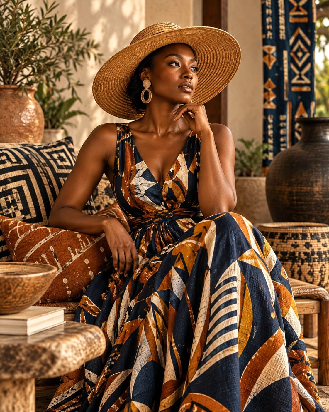 Woman in a wide straw hat and a geometric print dress