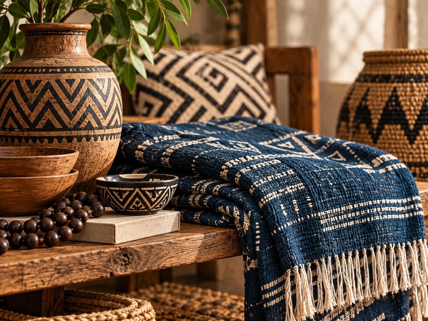 Indigo throw beside handcrafted vessels and a woven basket