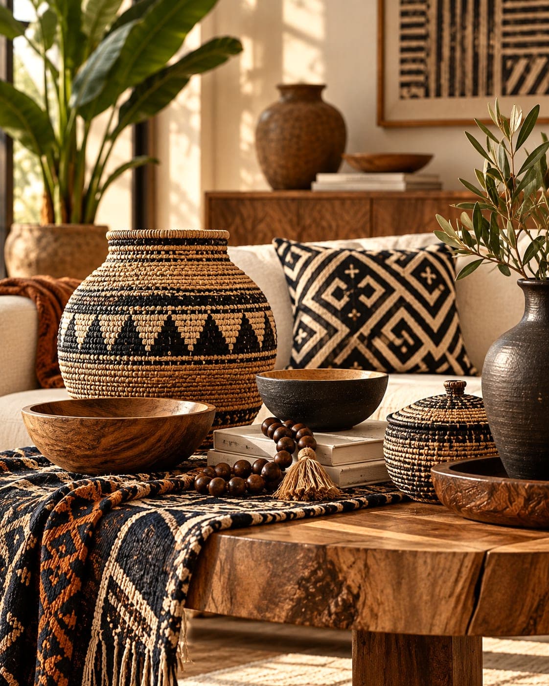 Patterned pillow, carved wooden bowls and stacked books on a wood table