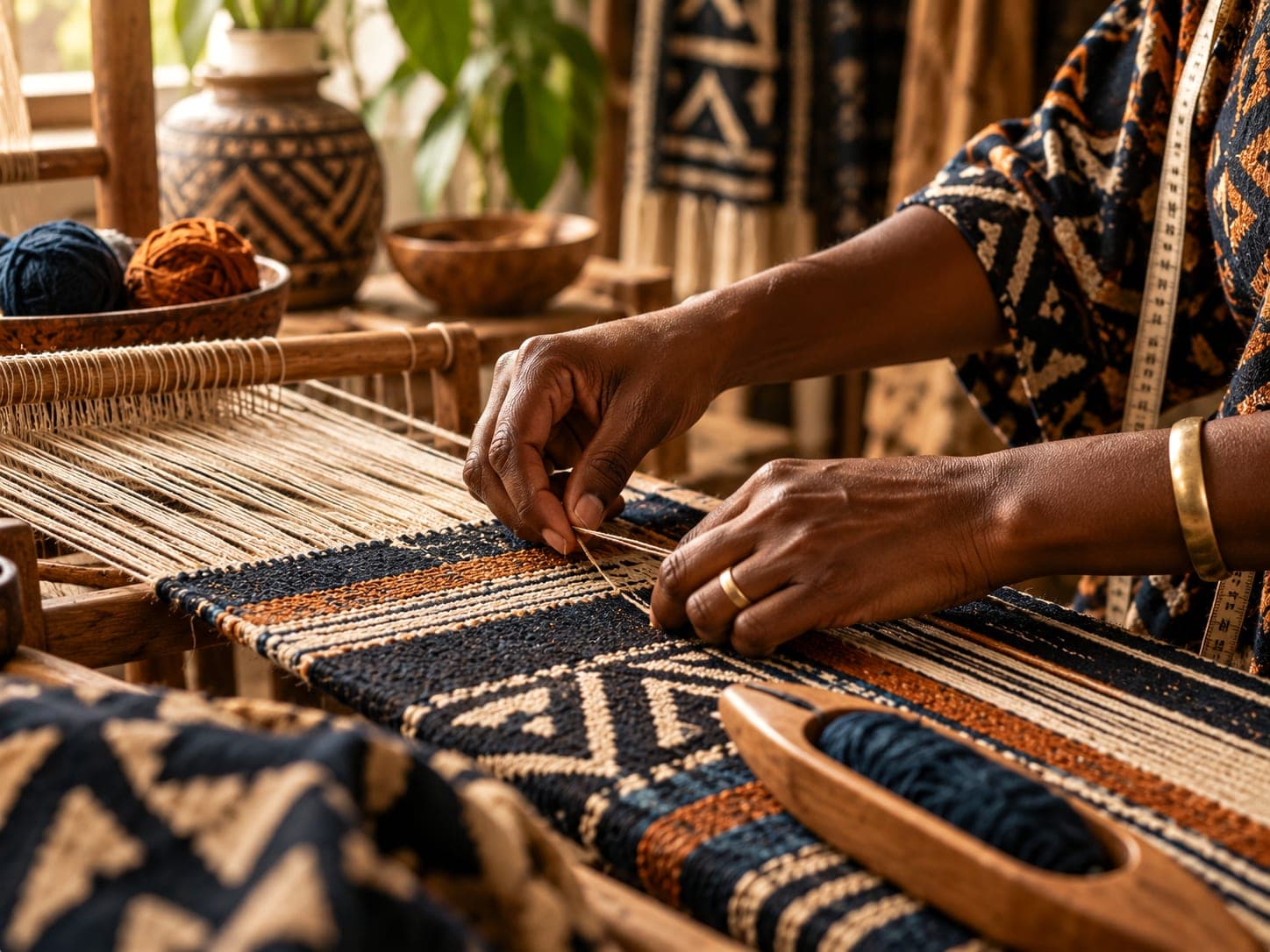 A weaver's hands working a patterned textile on a frame loom